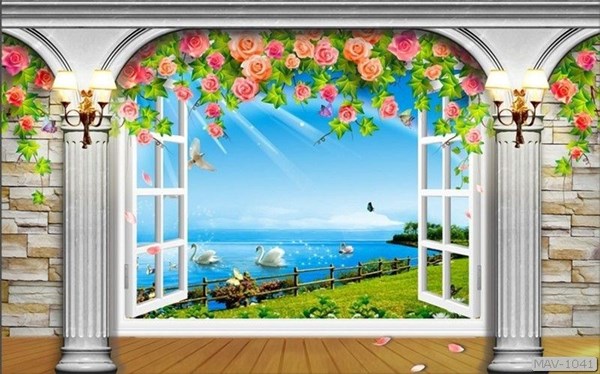 Tranh dán tường cửa sổ 3D bức tường hoa