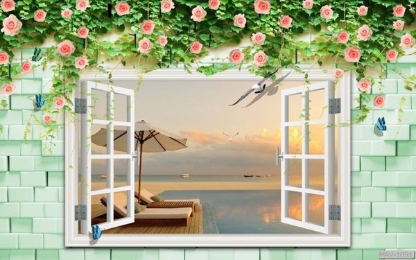 Tranh dán tường cửa sổ 3D cầu ven bờ biển