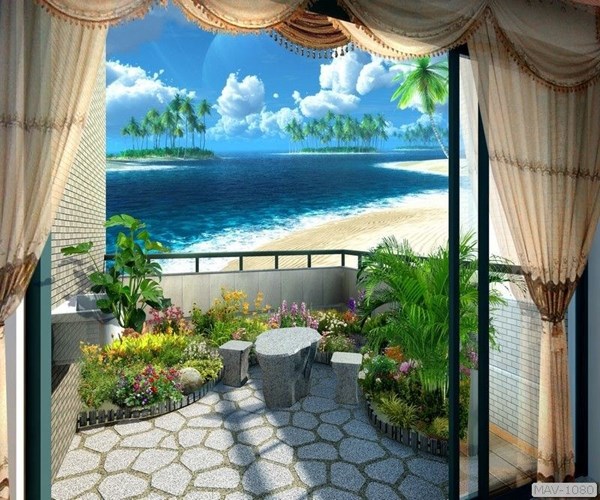Tranh dán tường cửa sổ 3D bờ biển ngoài ban công