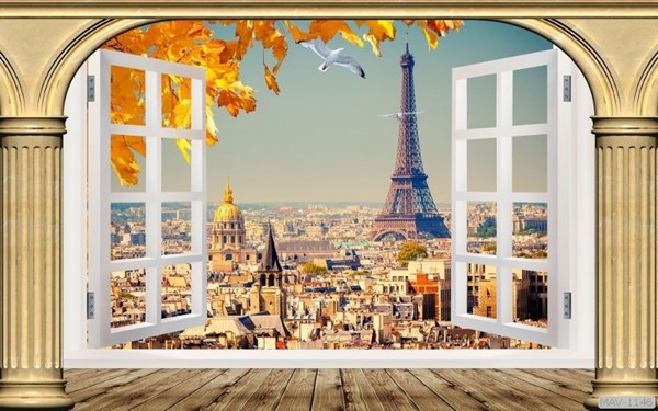 Tranh dán tường cửa sổ 3D phong cảnh châu Âu
