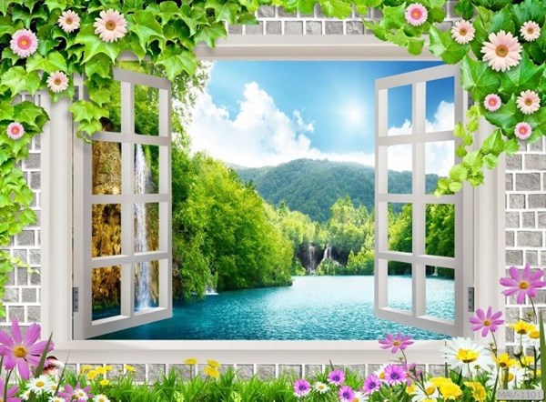 Tranh dán tường cửa sổ 3D phong cảnh rừng núi