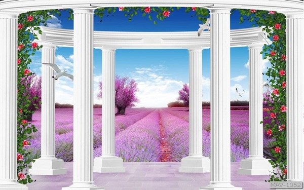 Tranh dán tường cửa sổ 3D cánh đồng hoa