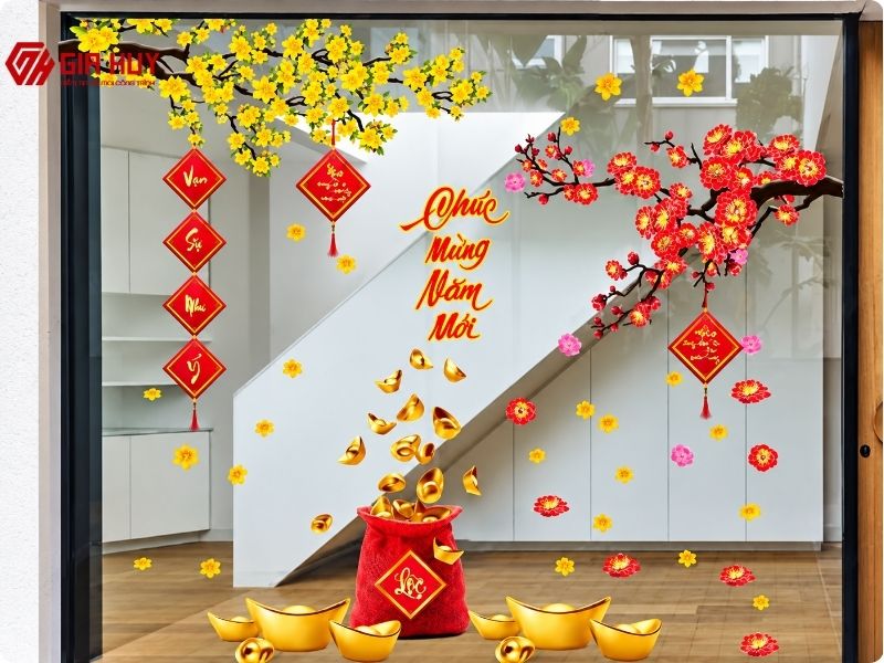 Decal dán kính trang trí tết họa tiết hoa mai vàng