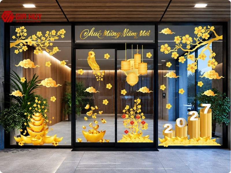 Decal dán kính trang trí tết vàng ánh kim 
