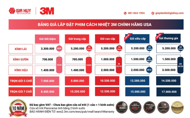 bảng báo giá phim cách nhiệt ô tô 3m