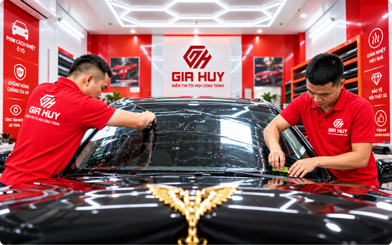 Ký thuật Gia Huy thi công dán phim cách nhiệt ô tô cho kính lái