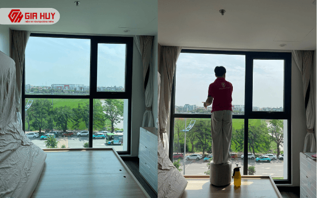 Hình ảnh thi công thực tế trước khi dán và sau khi dán