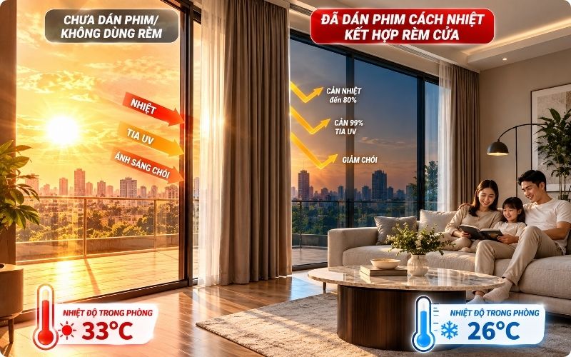 Hình ảnh cửa kính dán phim cách nhiệt và chưa dán ở hướng tây