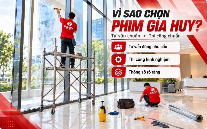 Đội ngũ thợ Gia Huy thi công phim cách nhiệt cho cửa kính lớn
