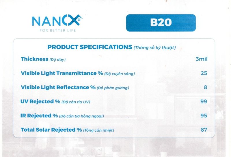 Thông số kỹ thuật phim cách nhiệt B20