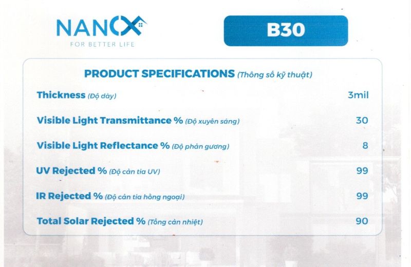 Thông số kỹ thuật phim cách nhiệt B30