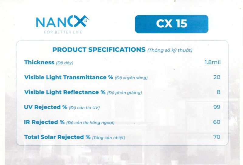 Thông số kỹ thuật phim cách nhiệt CX 15