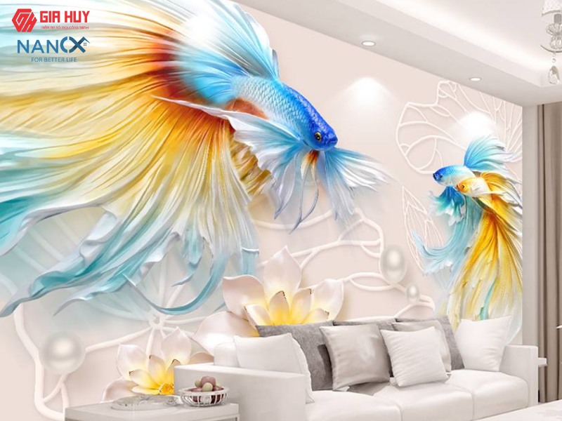 Tranh 4D dán tường với những chú cá nhiều màu sắc