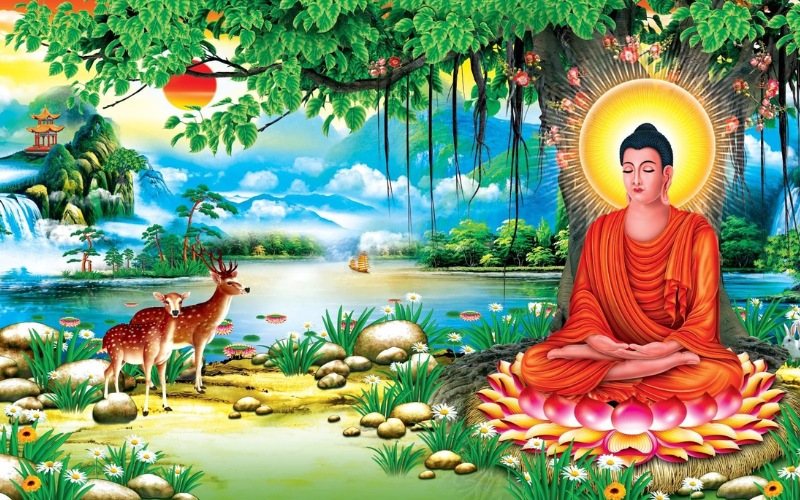 Mẫu tranh dán kết hợp giữa cây bồ đề và Đức Phật